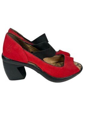 Fly London Red Leather Heels Mary Jane Slip On Block Heel Dress Shoes EU 37